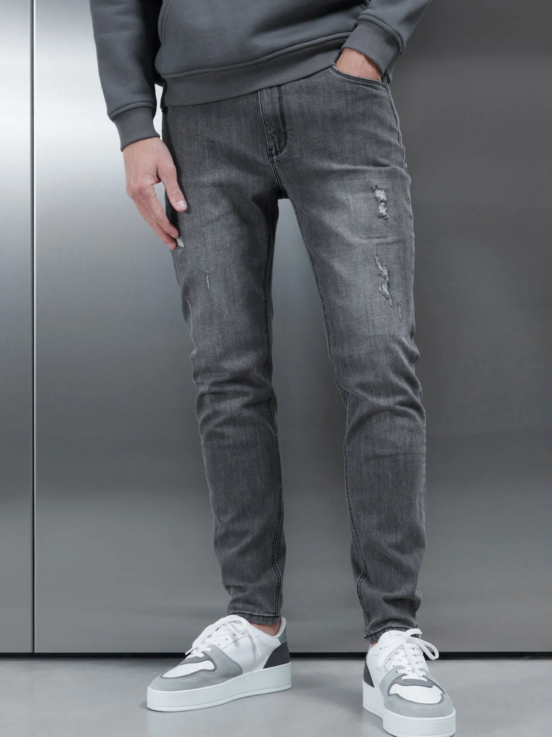 Distressed Denim Jeans - Grey Wash