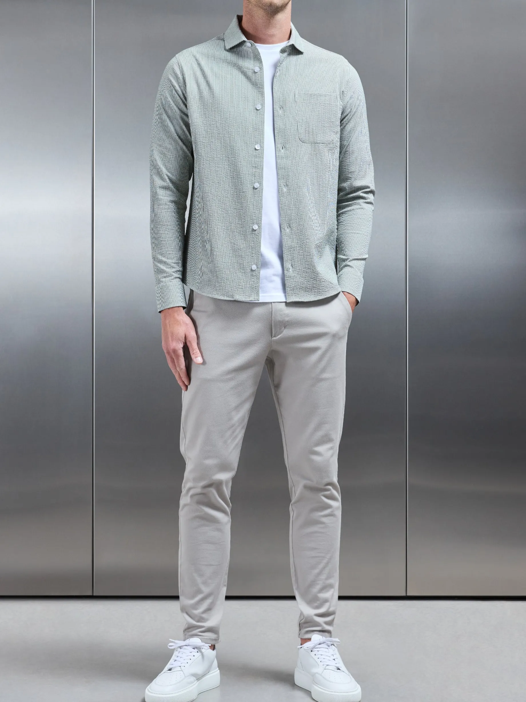 Fine Stripe Long Sleeve Cutaway Collar Shirt - Sage