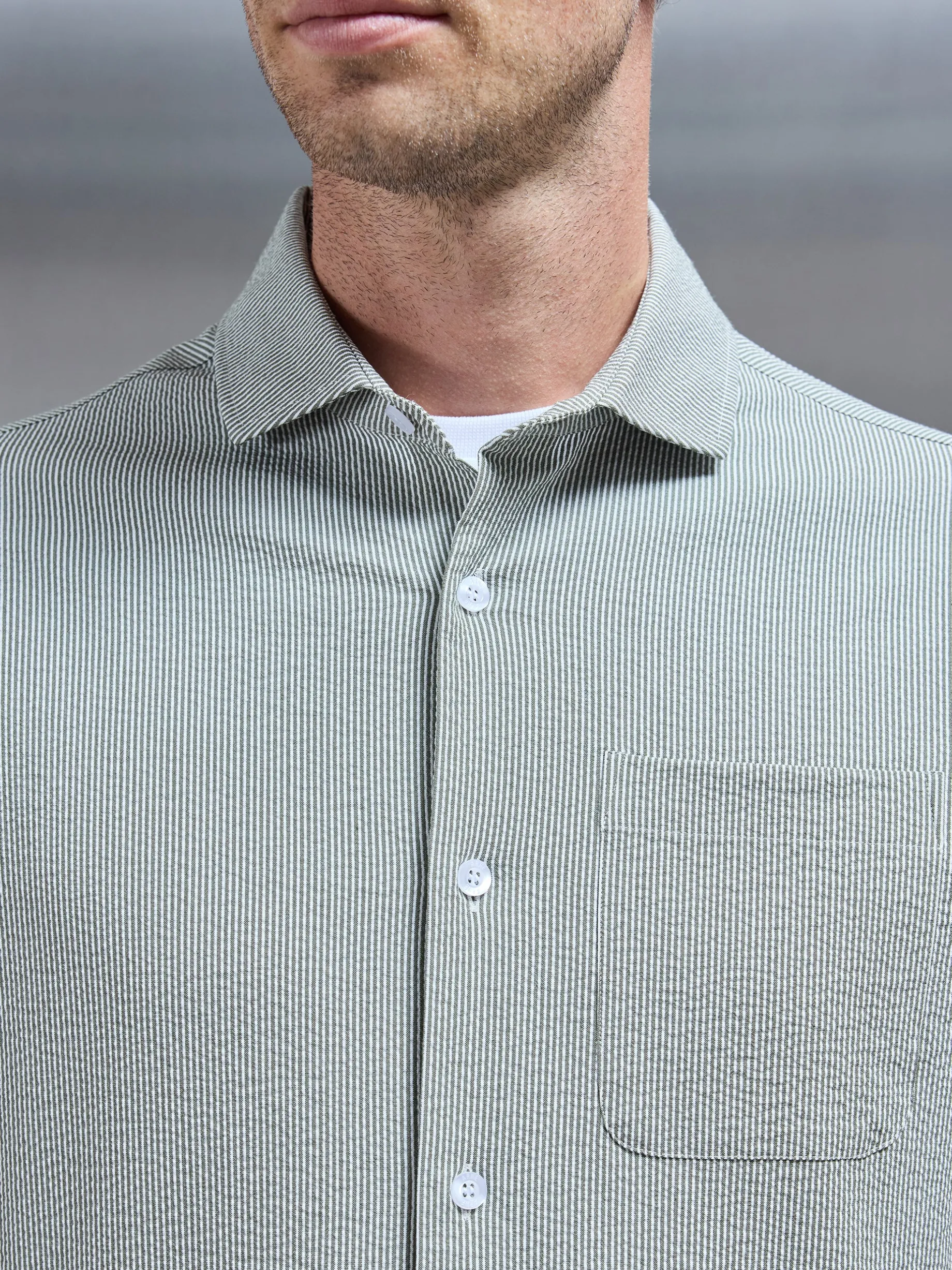 Fine Stripe Long Sleeve Cutaway Collar Shirt - Sage