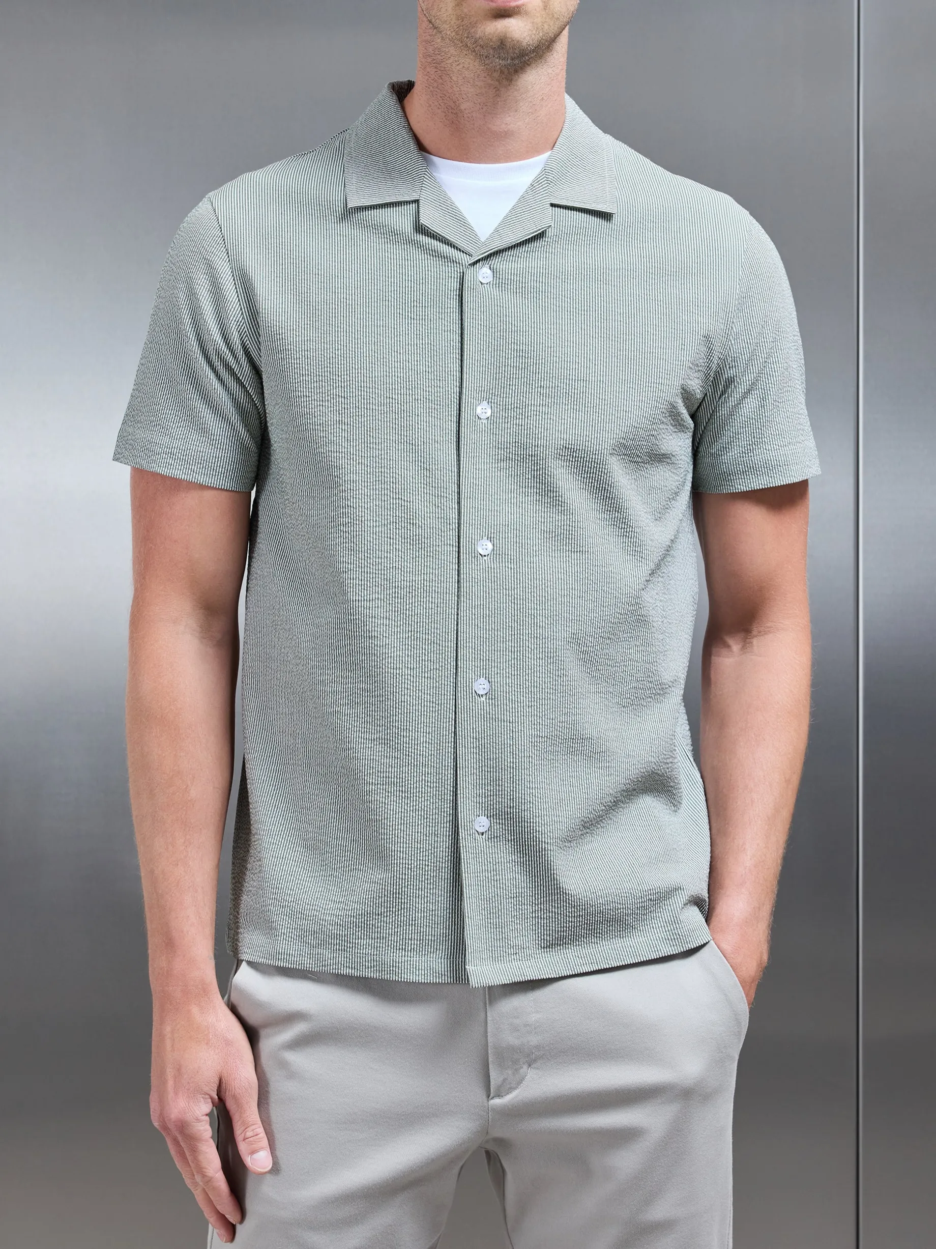 Fine Stripe Short Sleeve Revere Collar Shirt - Sage