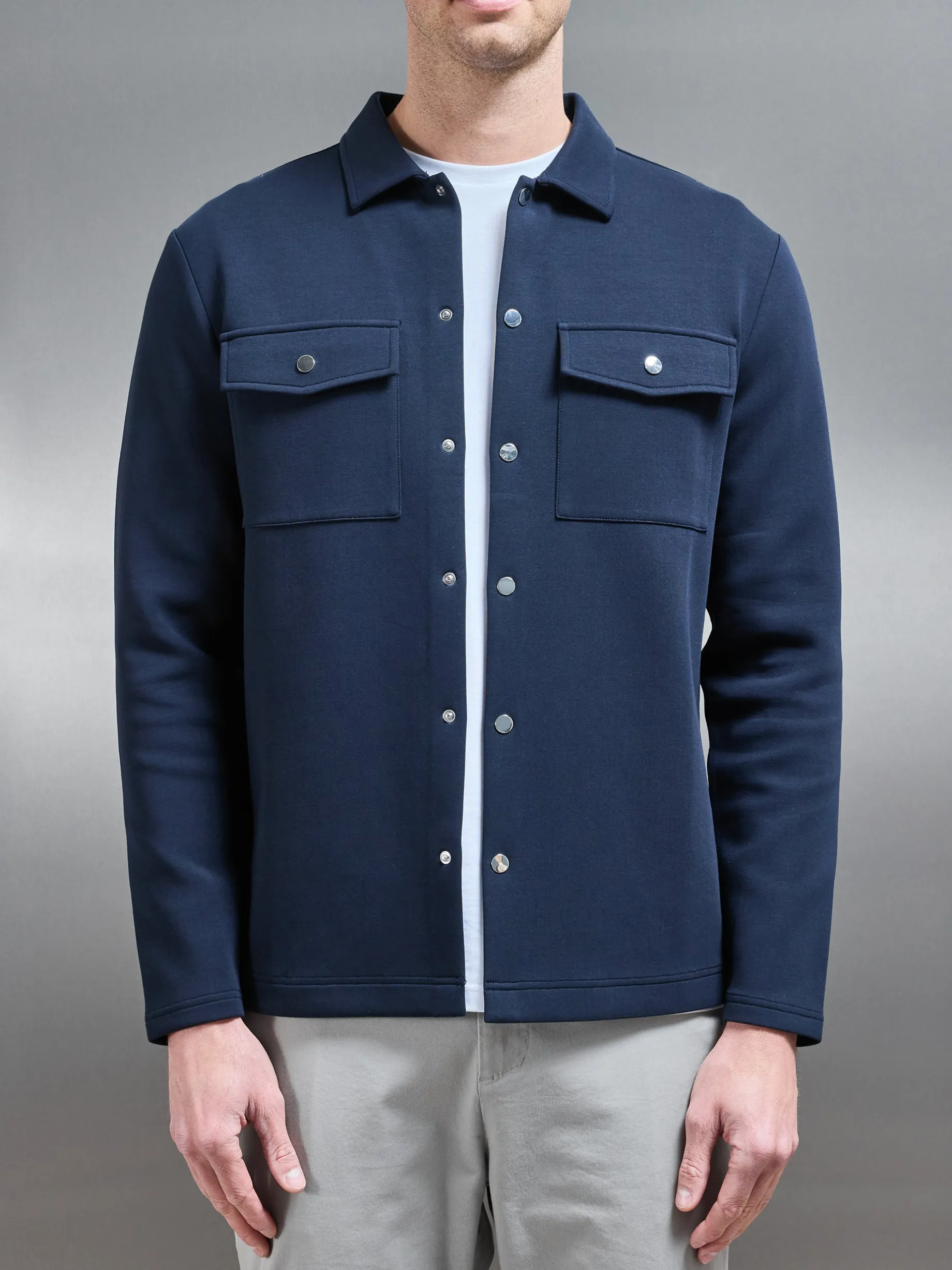 Interlock Jersey Pocket Popper Overshirt - Navy