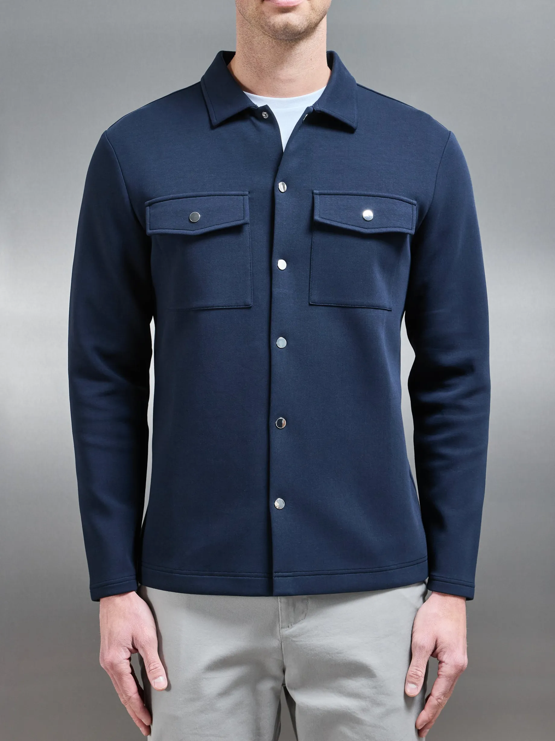 Interlock Jersey Pocket Popper Overshirt - Navy
