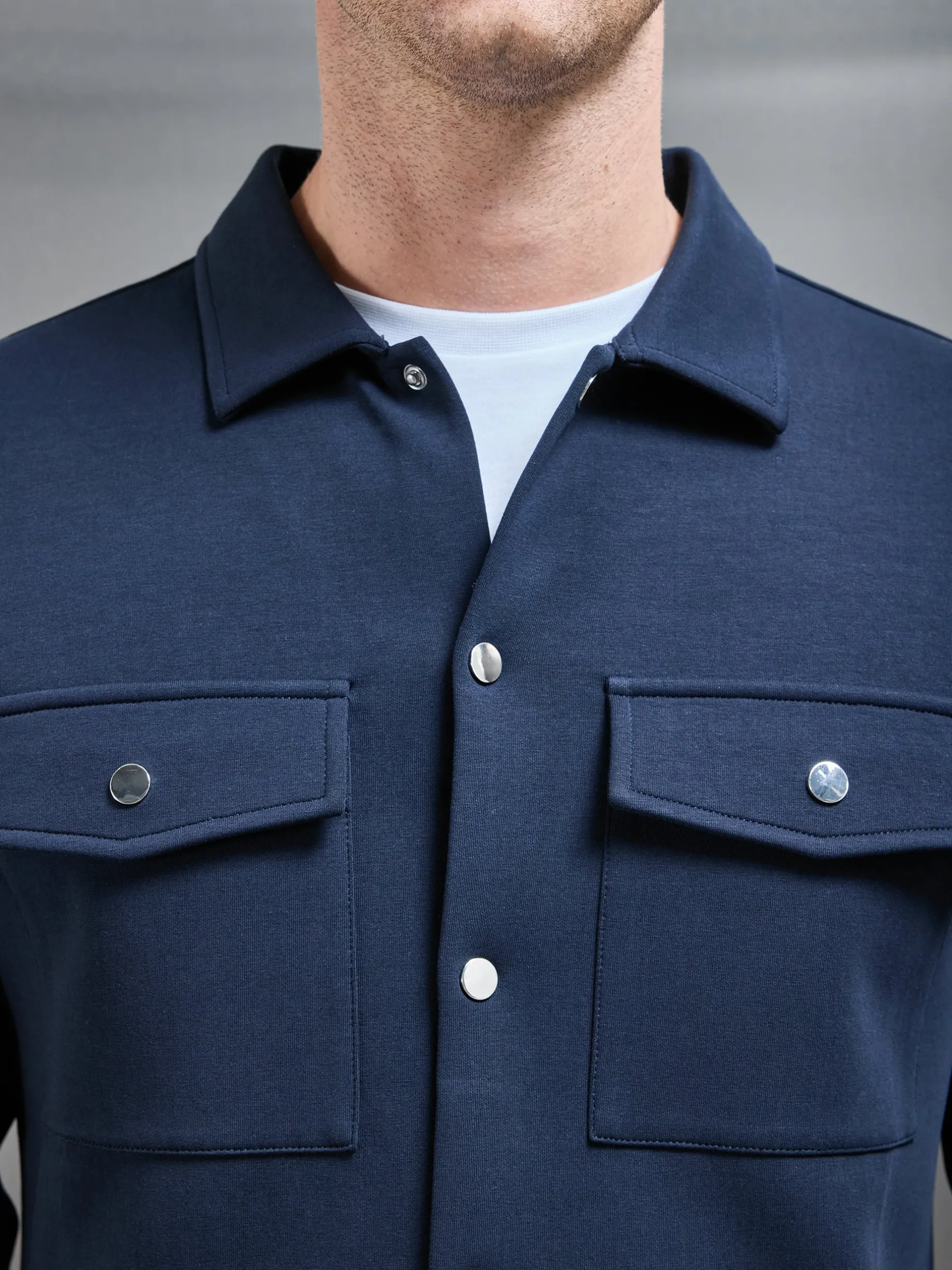 Interlock Jersey Pocket Popper Overshirt - Navy