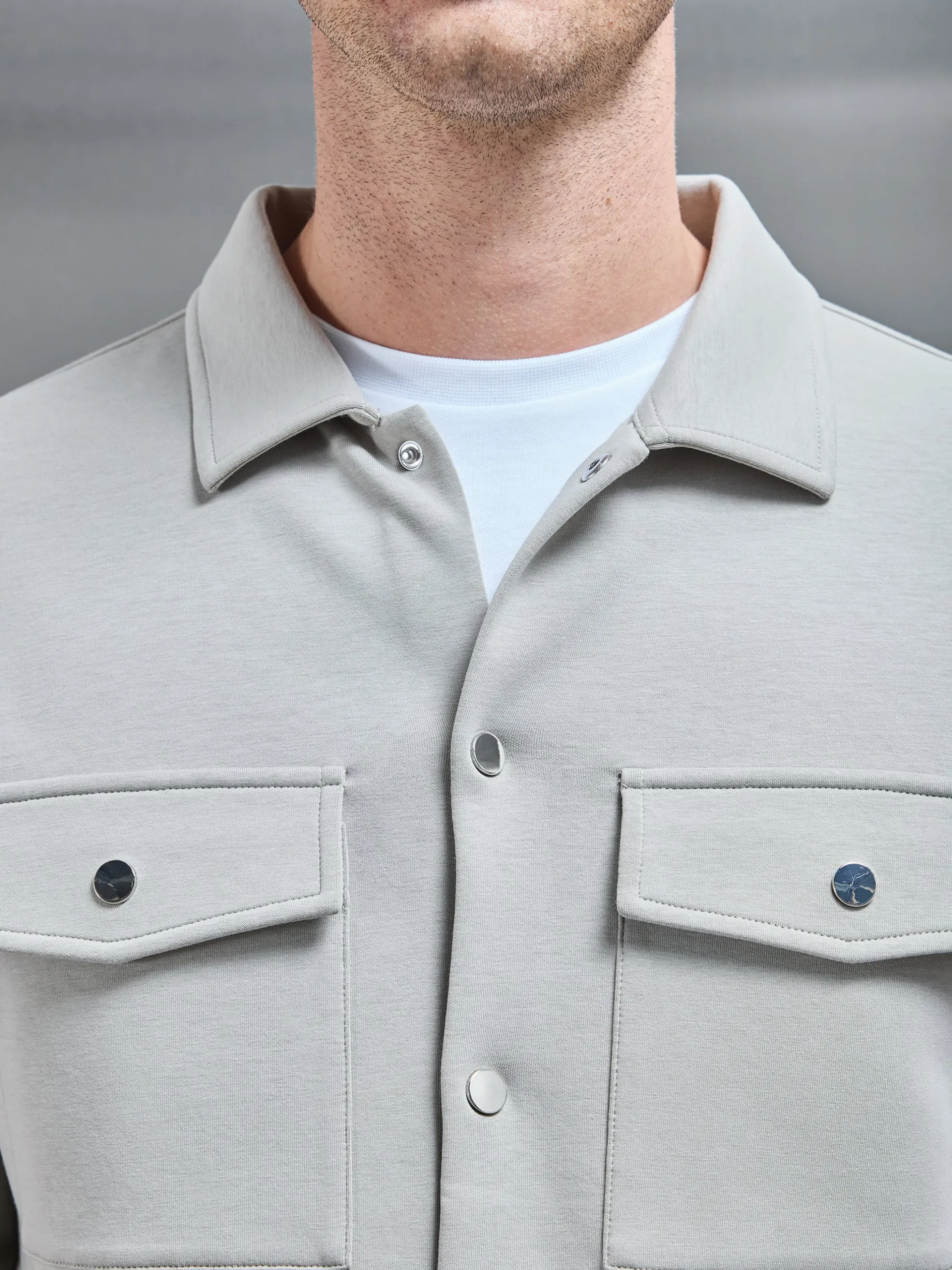 Interlock Jersey Pocket Popper Overshirt - Stone