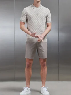 Jacquard Knitted Zip Polo Shirt - Stone