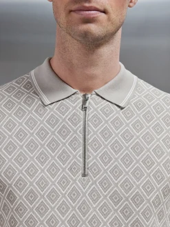 Jacquard Knitted Zip Polo Shirt - Stone