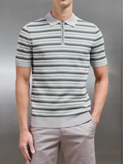 Jacquard Zig Zag Knitted Zip Polo Shirt - Taupe