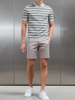 Jacquard Zig Zag Knitted Zip Polo Shirt - Taupe