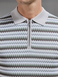 Jacquard Zig Zag Knitted Zip Polo Shirt - Taupe