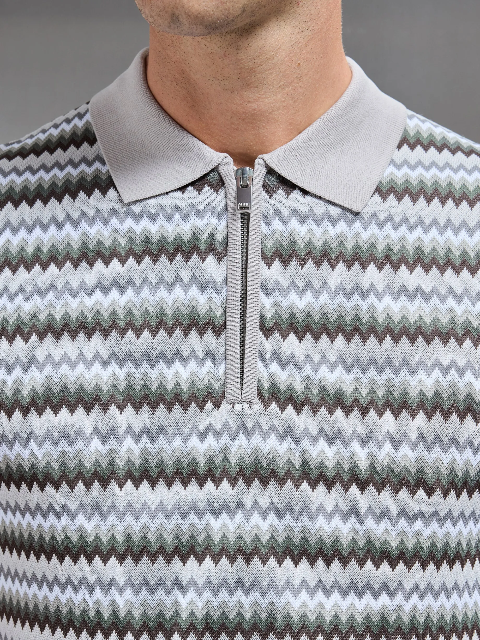 Jacquard Zig Zag Knitted Zip Polo Shirt - Taupe