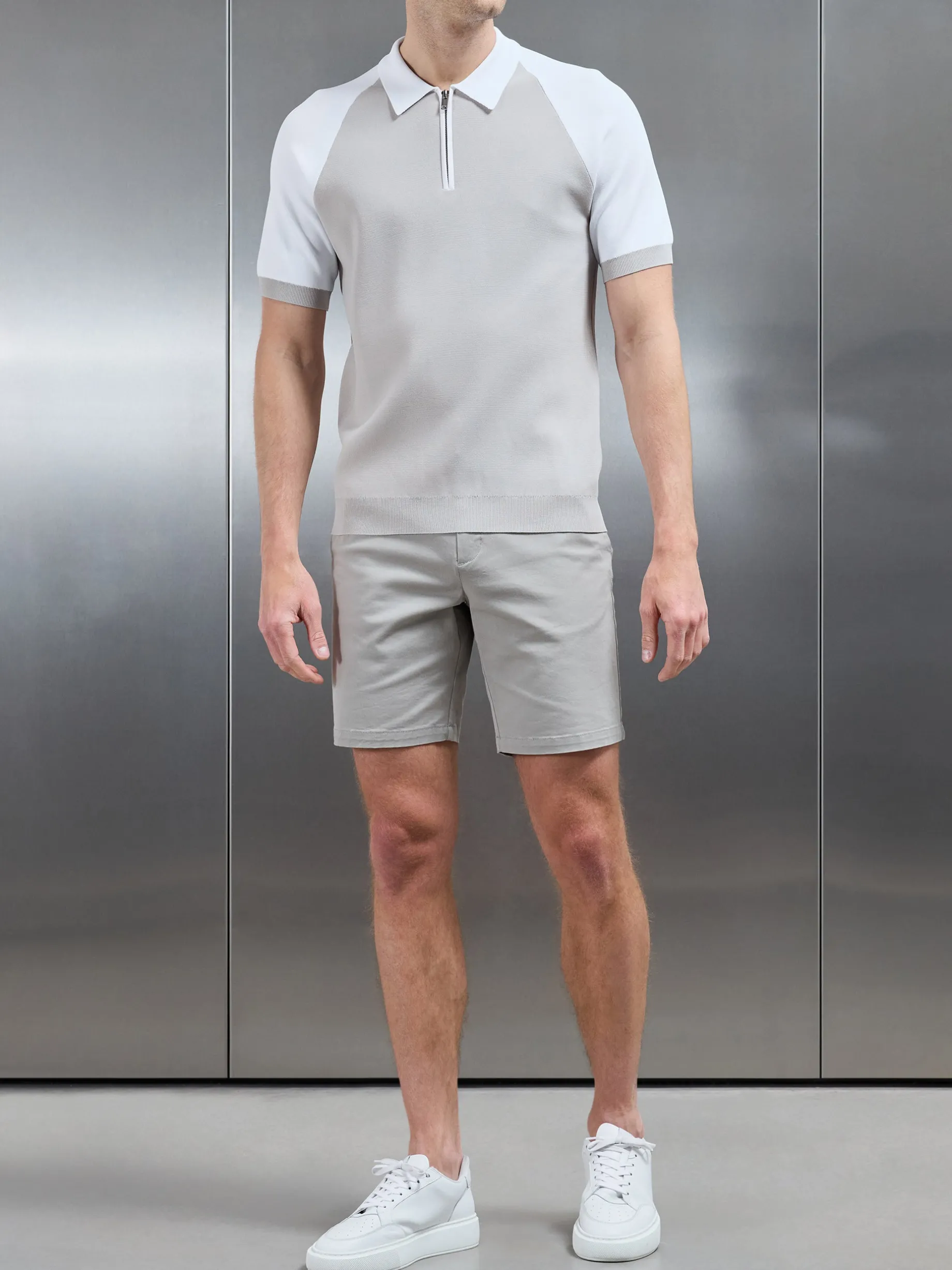 Knitted Raglan Colour Block Zip Polo - White Mid Grey