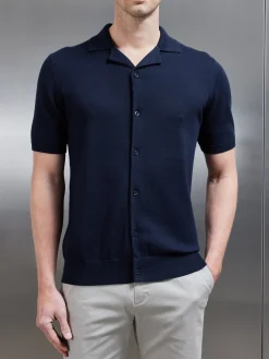 Knitted Revere Collar Shirt - Navy
