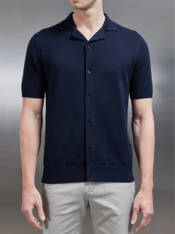 Knitted Revere Collar Shirt - Navy