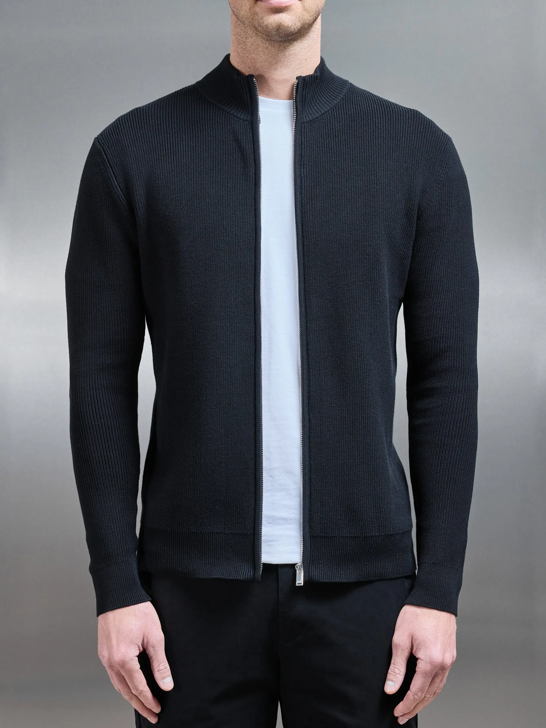 Knitted Ribbed Funnel Neck Zip Through Jacket - Black