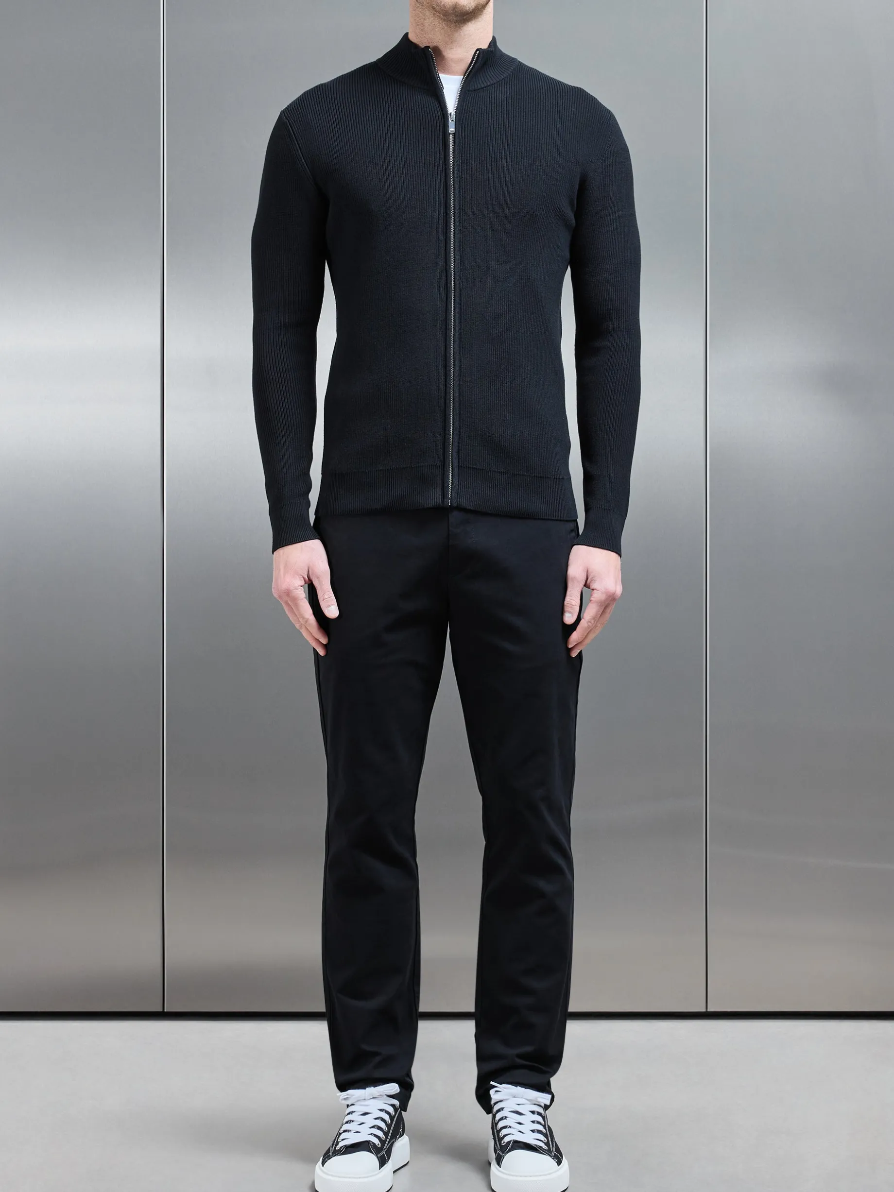 Knitted Ribbed Funnel Neck Zip Through Jacket - Black