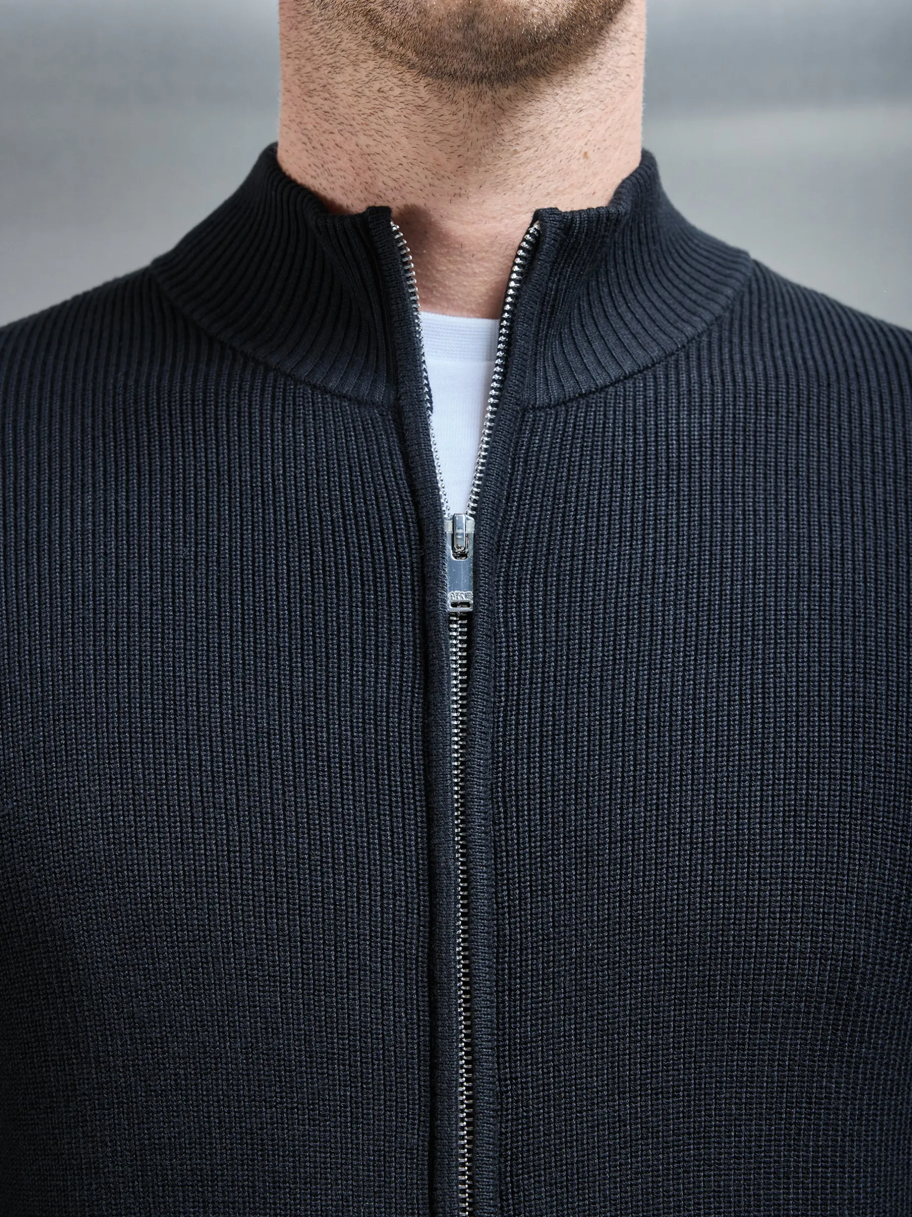 Knitted Ribbed Funnel Neck Zip Through Jacket - Black