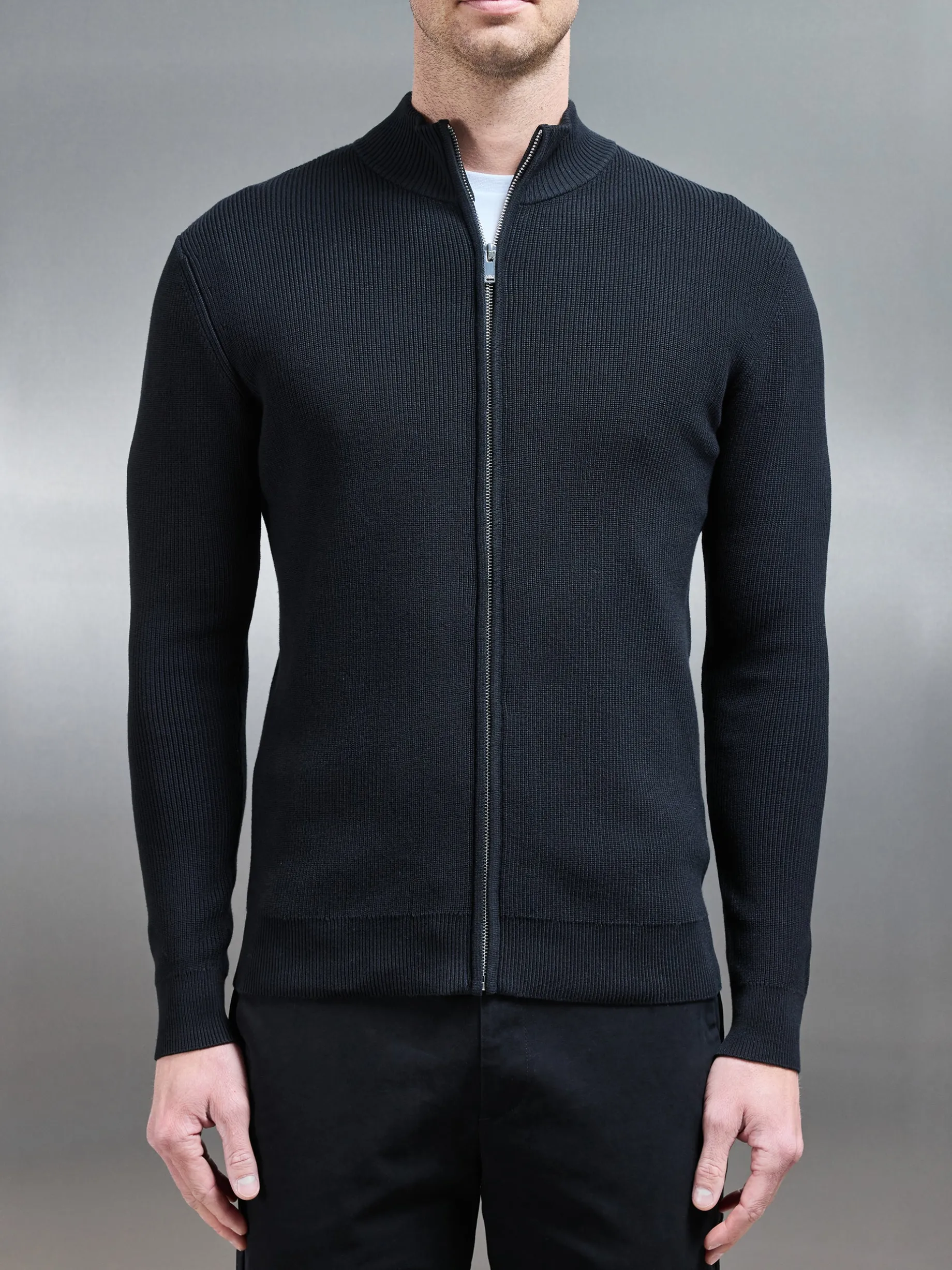 Knitted Ribbed Funnel Neck Zip Through Jacket - Black