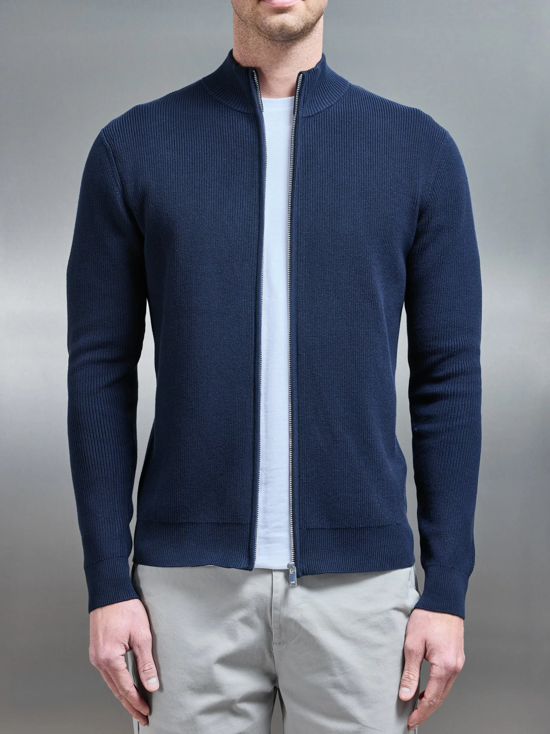 Knitted Ribbed Funnel Neck Zip Through Jacket - Navy