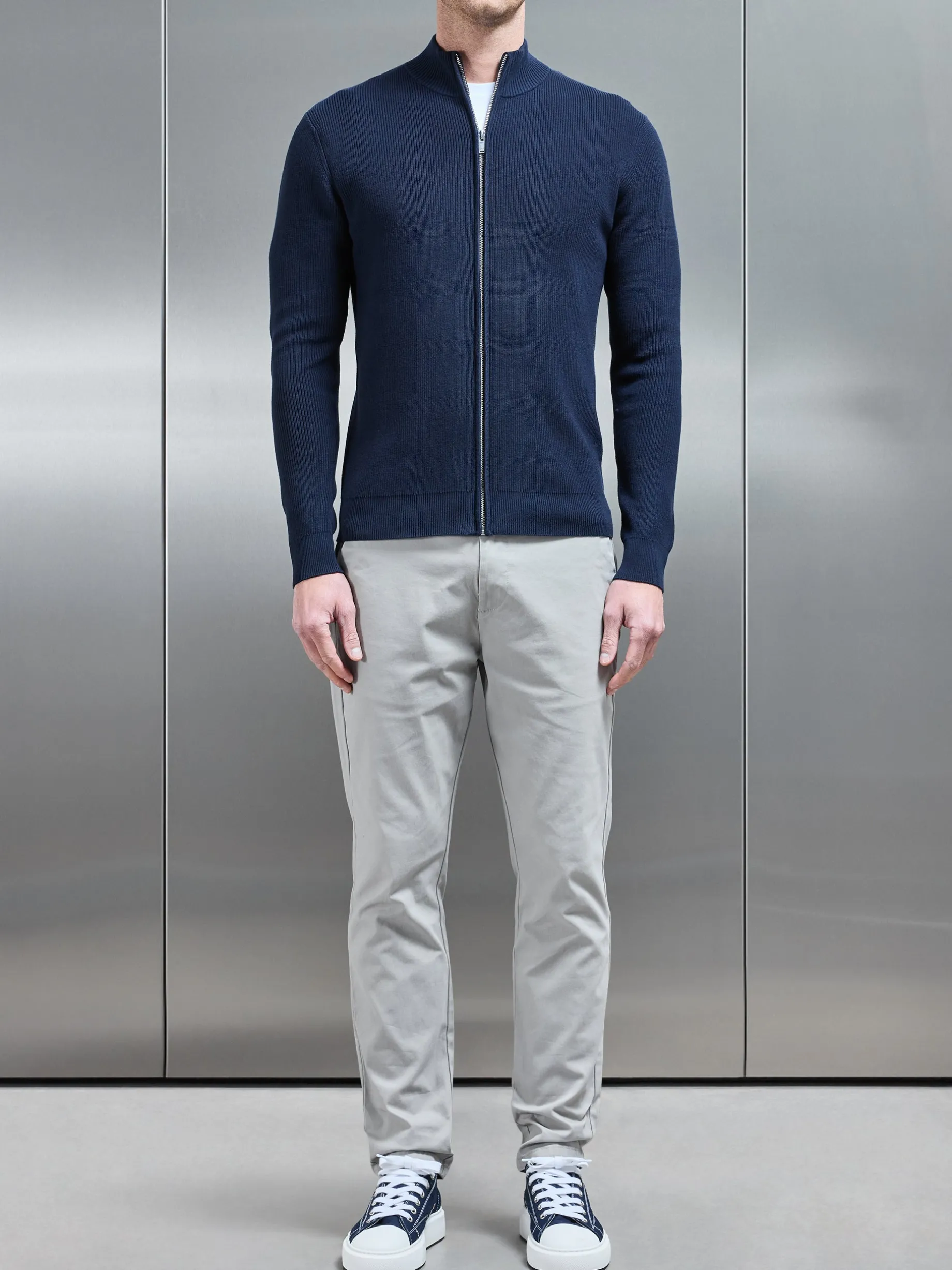 Knitted Ribbed Funnel Neck Zip Through Jacket - Navy