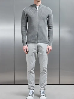 Knitted Ribbed Funnel Neck Zip Through Jacket - Sage