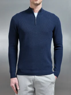 Knitted Ribbed Half Zip Funnel Neck Jumper - Navy