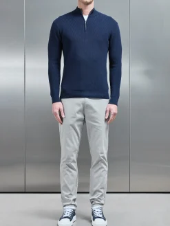 Knitted Ribbed Half Zip Funnel Neck Jumper - Navy