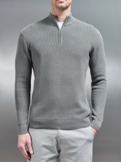 Knitted Ribbed Half Zip Funnel Neck Jumper - Sage