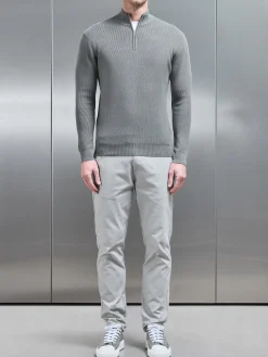 Knitted Ribbed Half Zip Funnel Neck Jumper - Sage