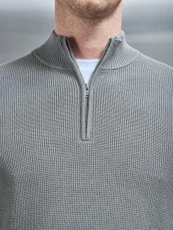 Knitted Ribbed Half Zip Funnel Neck Jumper - Sage