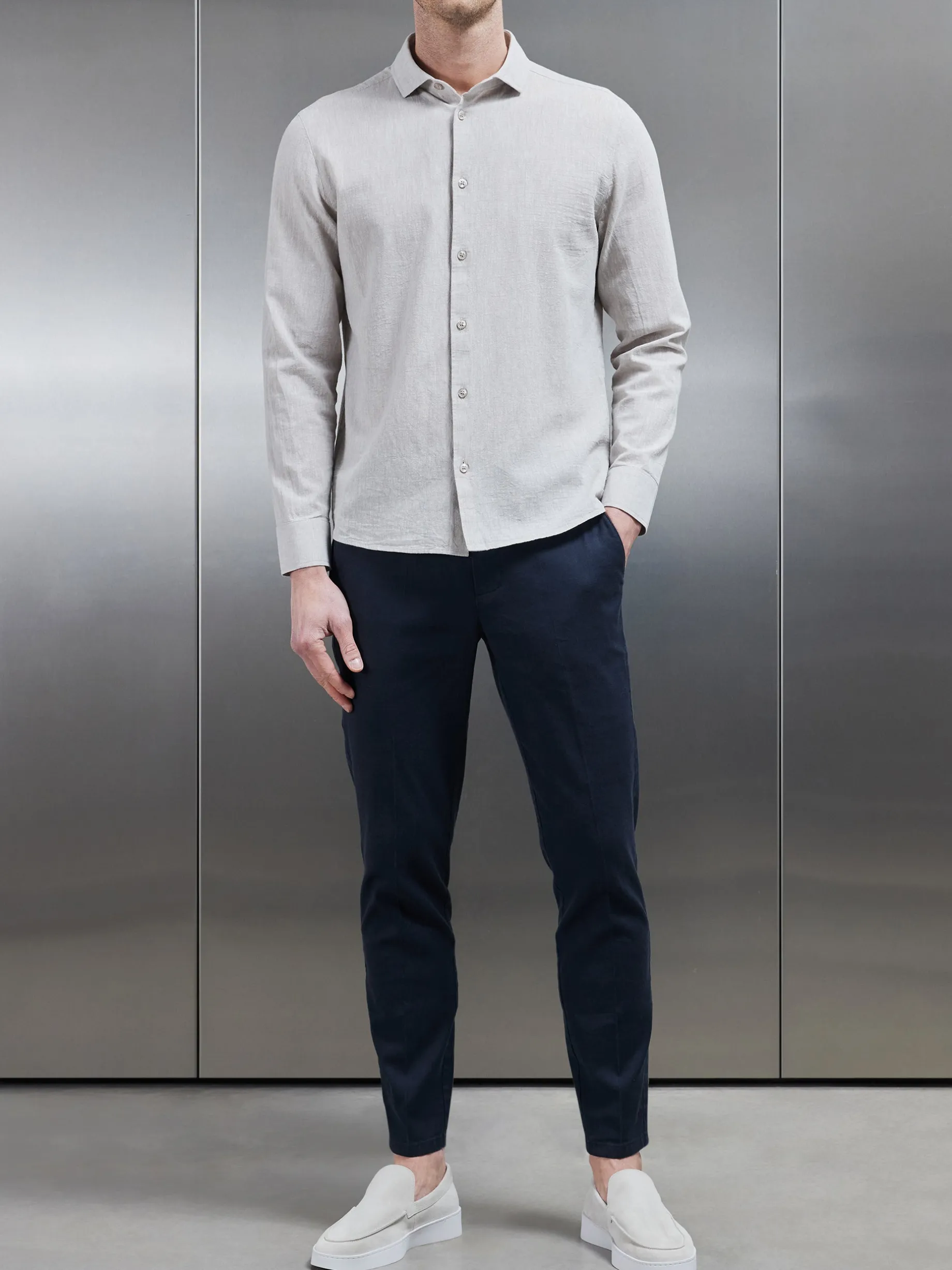 Linen Long Sleeve Cutaway Collar Shirt - Stone