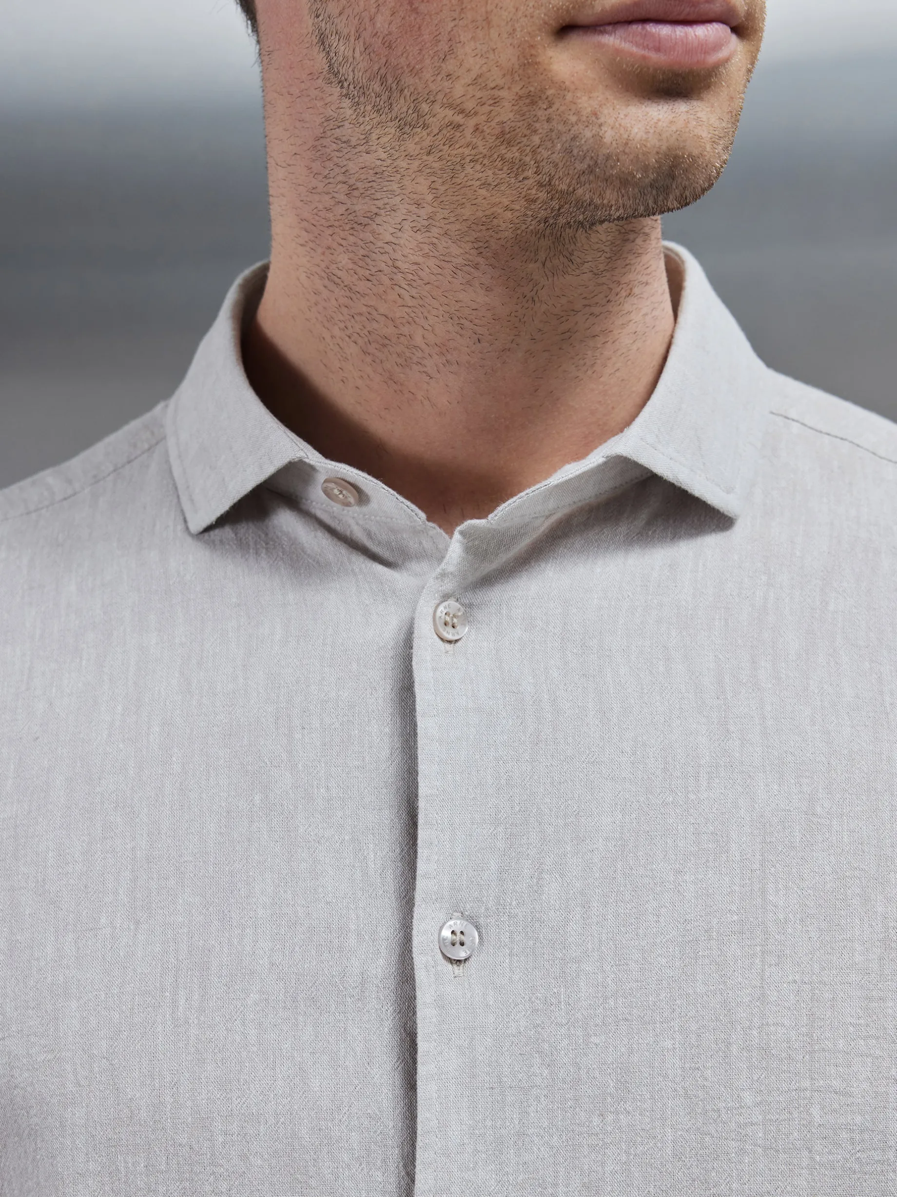 Linen Long Sleeve Cutaway Collar Shirt - Stone