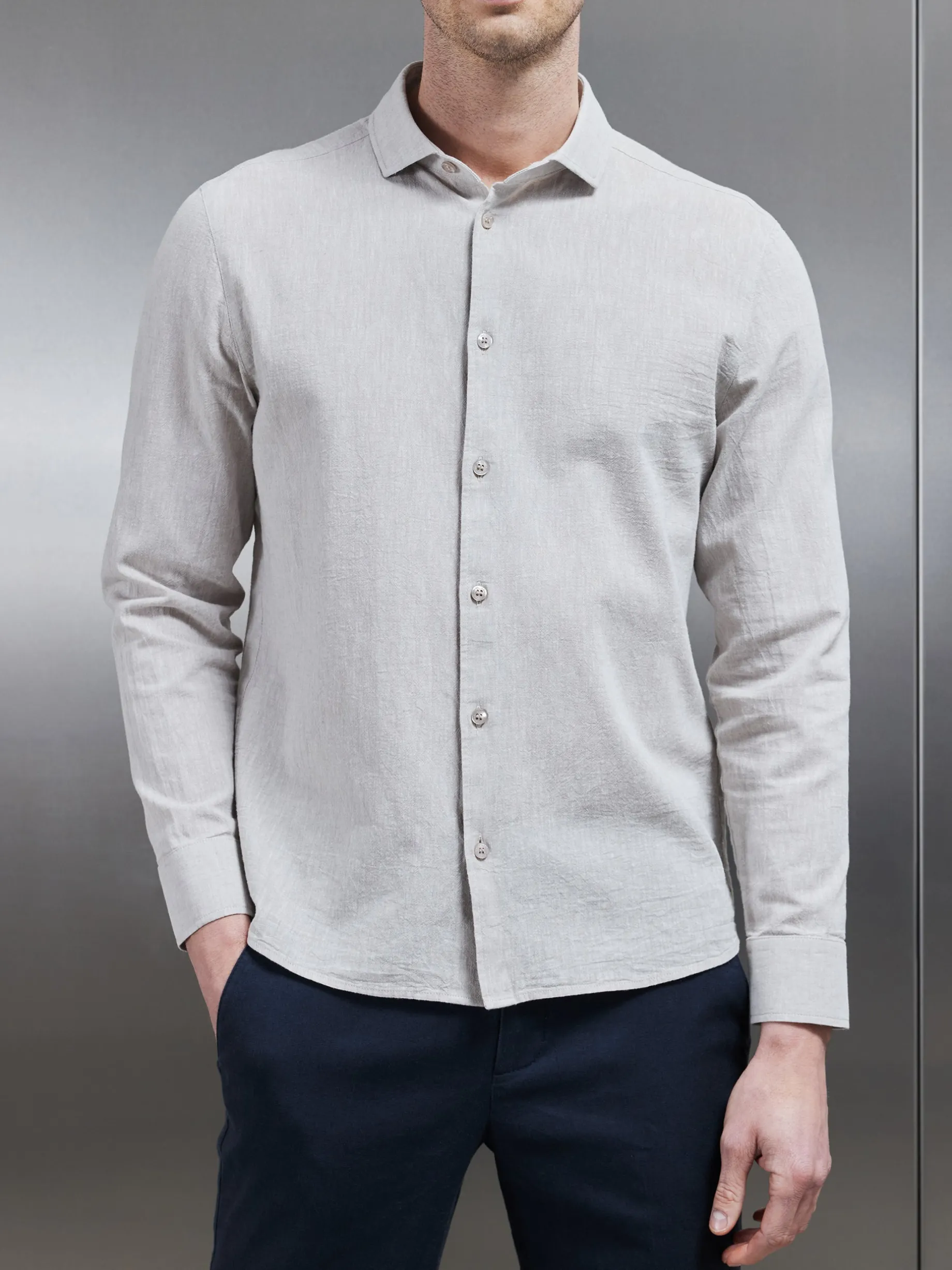 Linen Long Sleeve Cutaway Collar Shirt - Stone