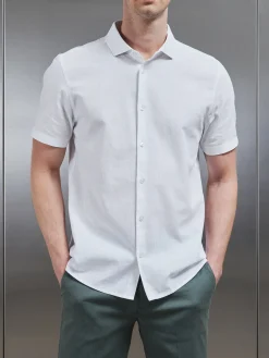 Linen Short Sleeve Cutaway Collar Shirt - White