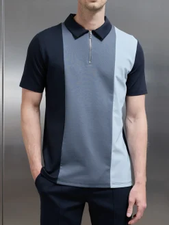 Luxe Colour Block Zip Polo Shirt - Navy
