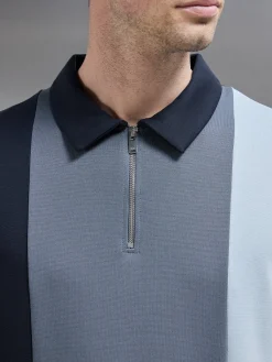 Luxe Colour Block Zip Polo Shirt - Navy