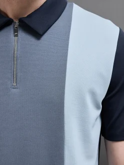Luxe Colour Block Zip Polo Shirt - Navy