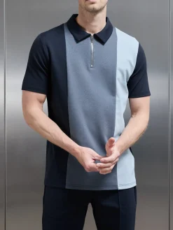 Luxe Colour Block Zip Polo Shirt - Navy