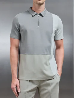 Luxe Colour Block Zip Polo Shirt - Stone