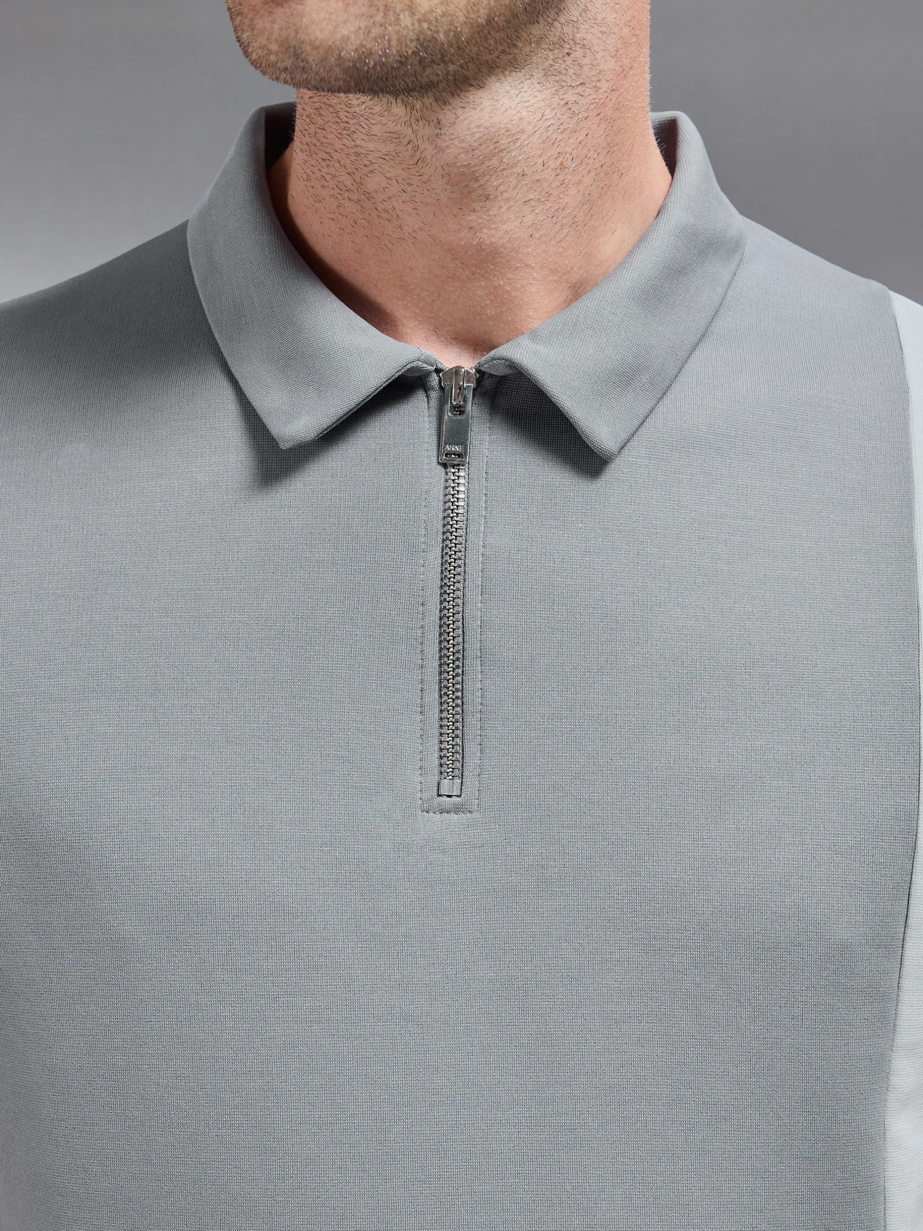 Luxe Colour Block Zip Polo Shirt - Stone