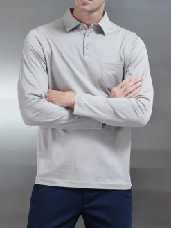 Mercerised Cotton Long Sleeve Polo Shirt - Stone