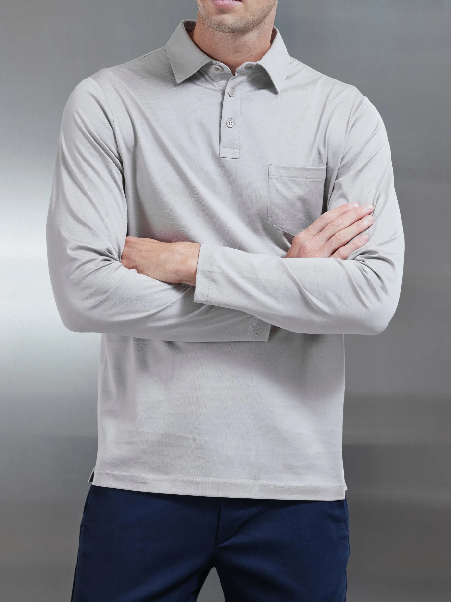 Mercerised Cotton Long Sleeve Polo Shirt - Stone