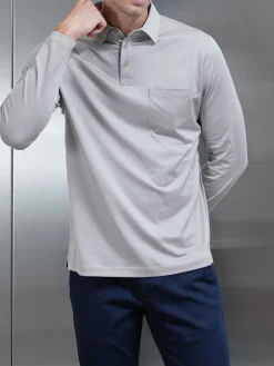 Mercerised Cotton Long Sleeve Polo Shirt - Stone