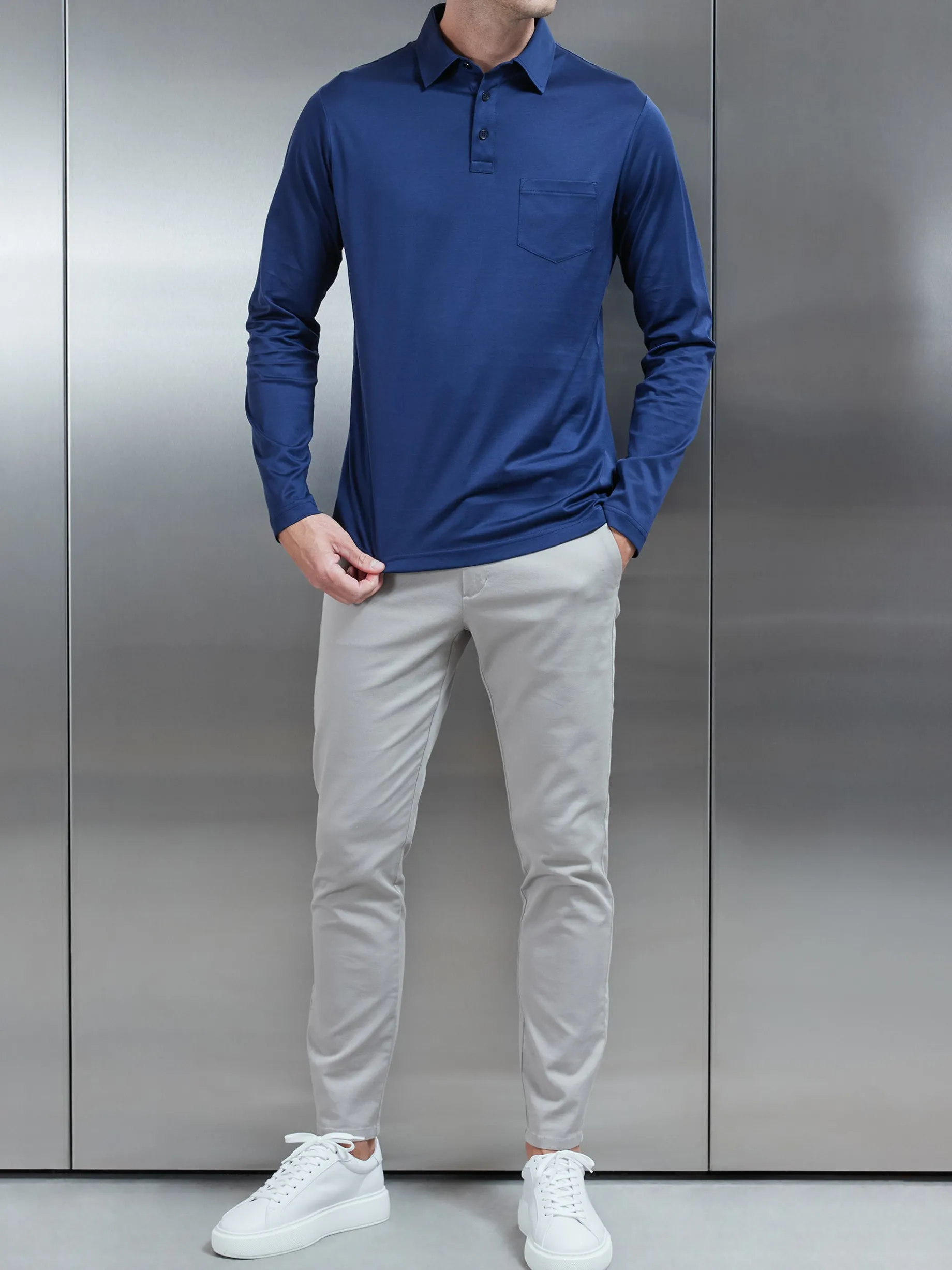 Mercerised Cotton Long Sleeve Polo Shirt - Navy
