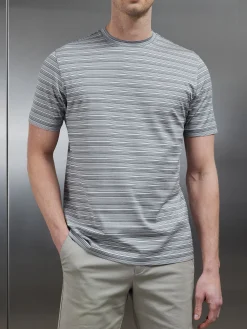 Mercerised Cotton Space Dye Striped T-Shirt - Grey