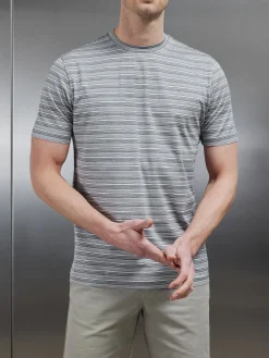 Mercerised Cotton Space Dye Striped T-Shirt - Grey