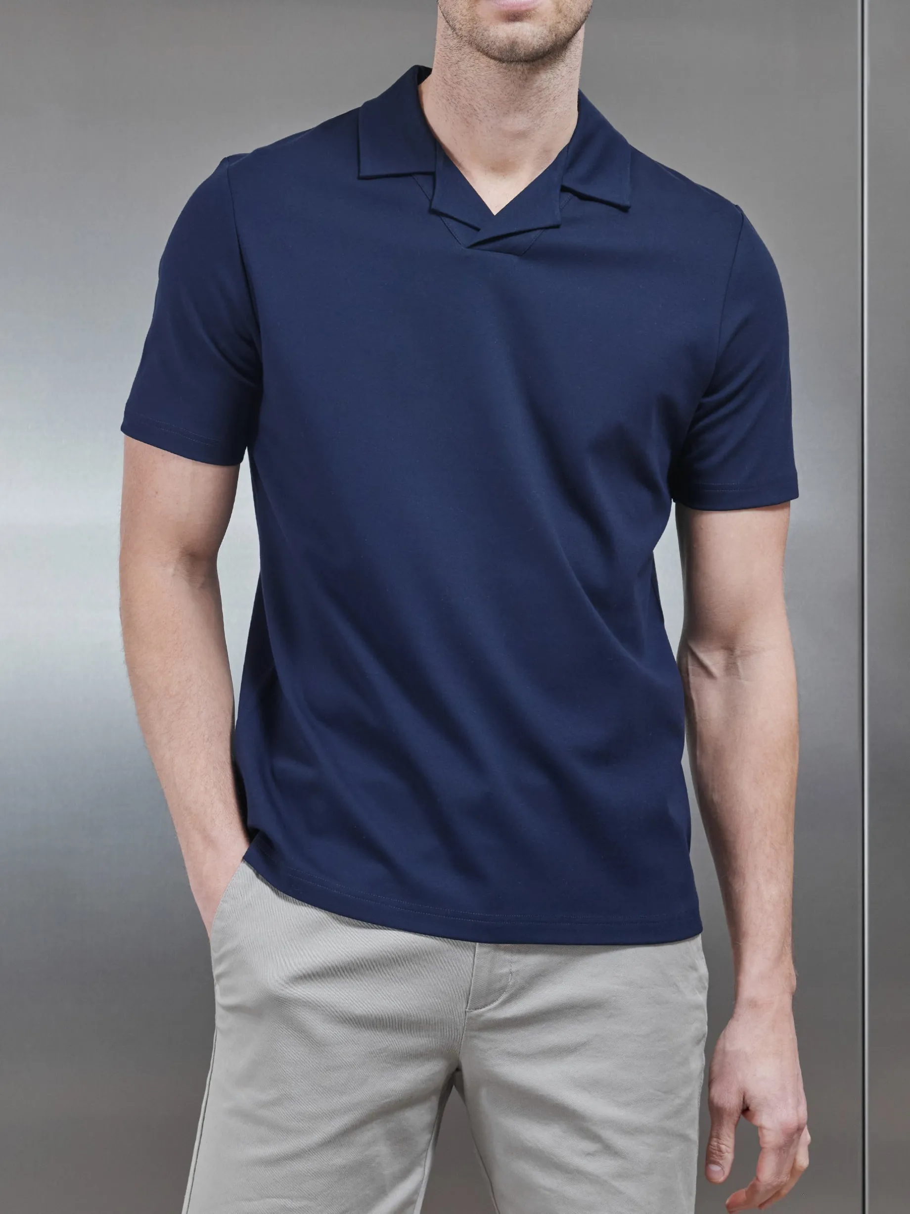 Mercerised Interlock Revere Collar Polo Shirt - Navy