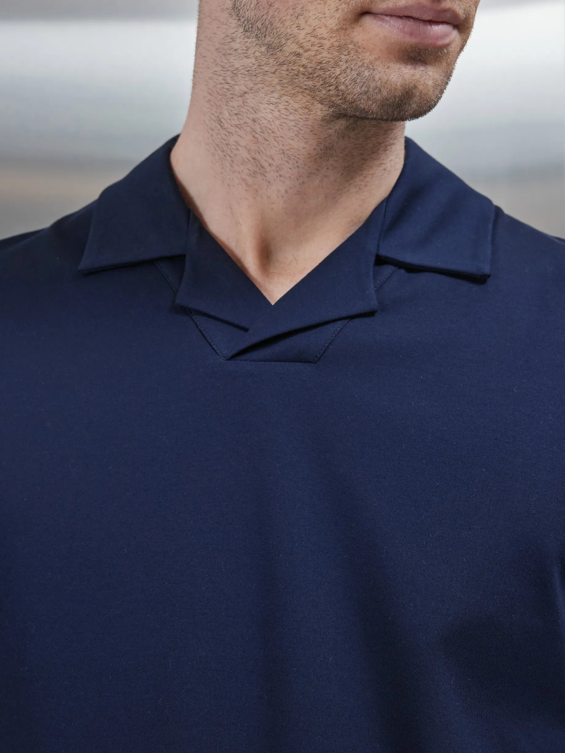 Mercerised Interlock Revere Collar Polo Shirt - Navy