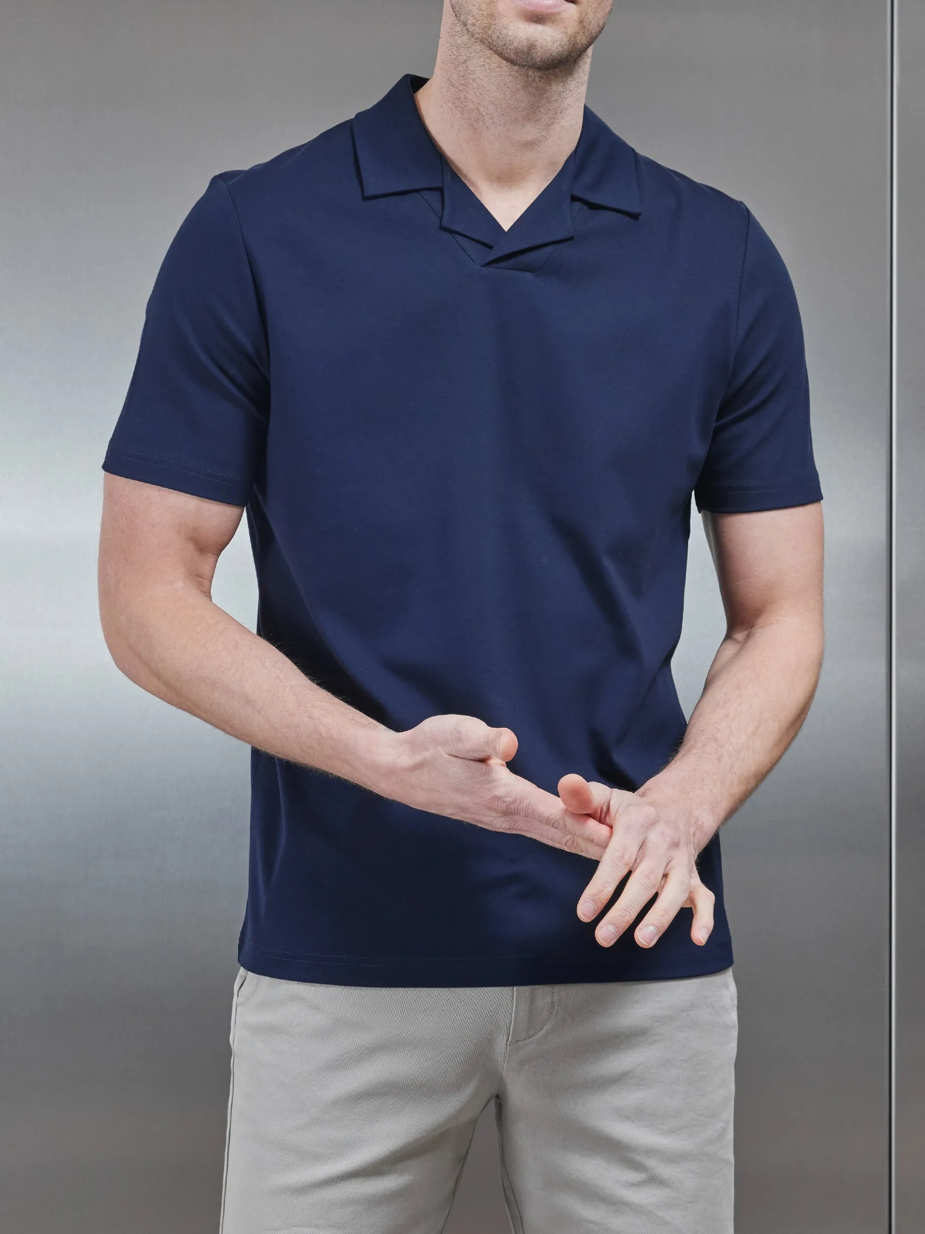 Mercerised Interlock Revere Collar Polo Shirt - Navy