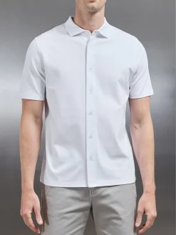 Mercerised Interlock Short Sleeve Button Through Shirt - White