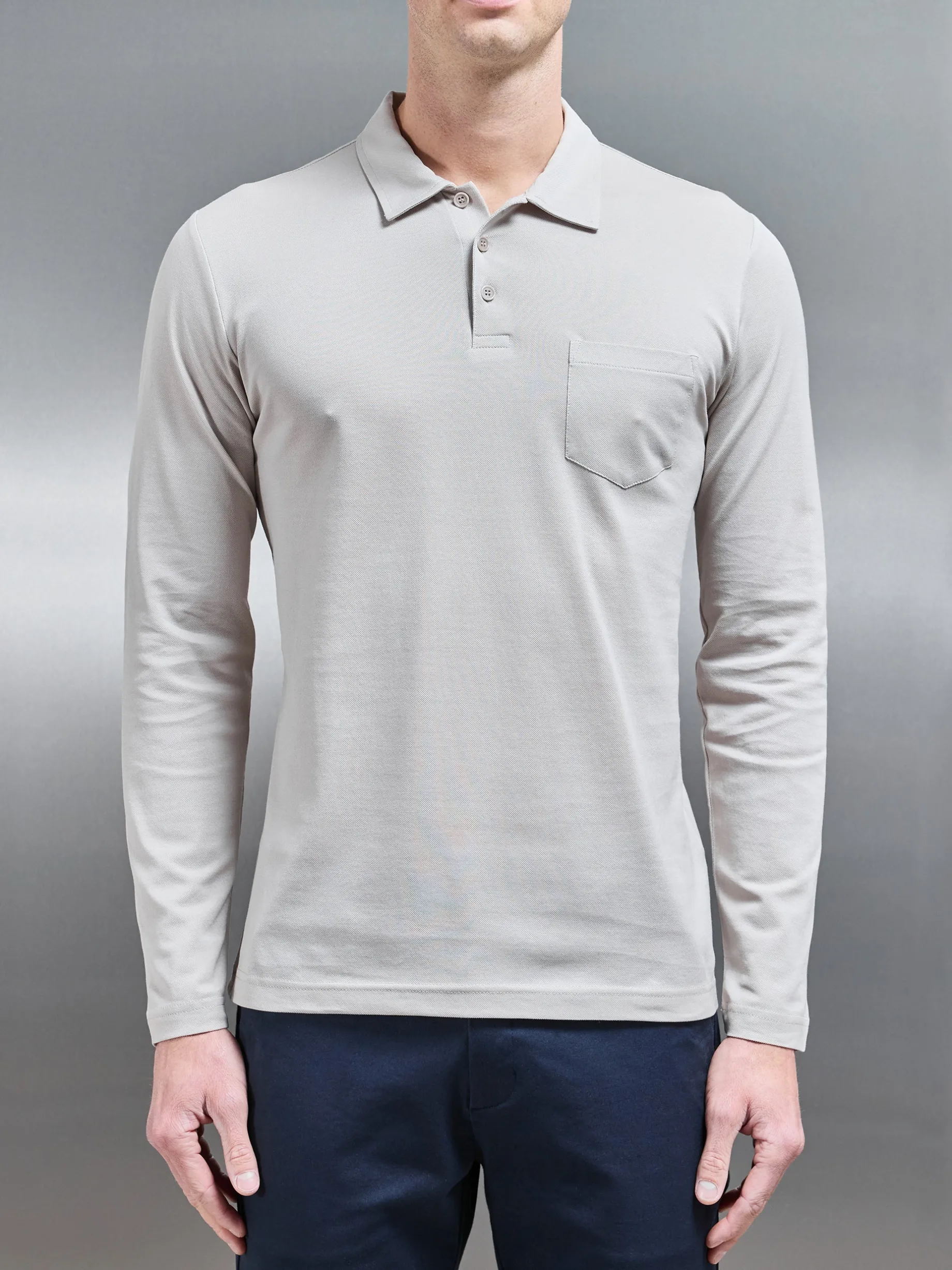 Mercerised Pique Long Sleeve Button Polo Shirt - Stone